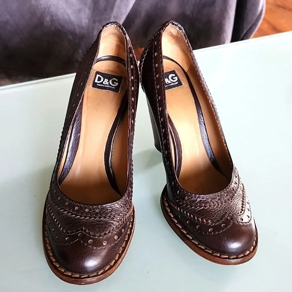 D&G Brogue Leather Oxford Retro '90s‎ Y2K Academia Stacked Heels Size 36 US6